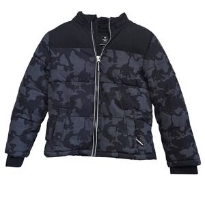 Members Mark Boys Hooded Puffer Jacket Black Grey Camo Dot Print Size 8